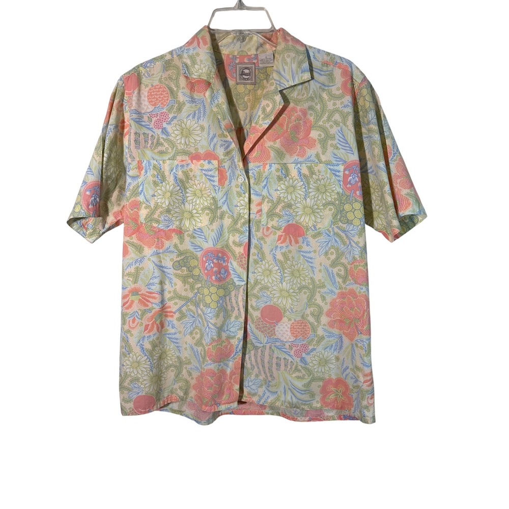 Vintage GH Bass Cotton Floral Button Up Shirt Womens Small Pastel Camp Collar
